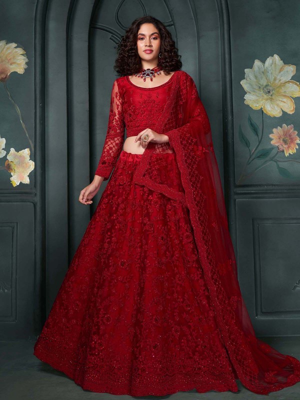 Dark Red Premium Net Lehenga Choli